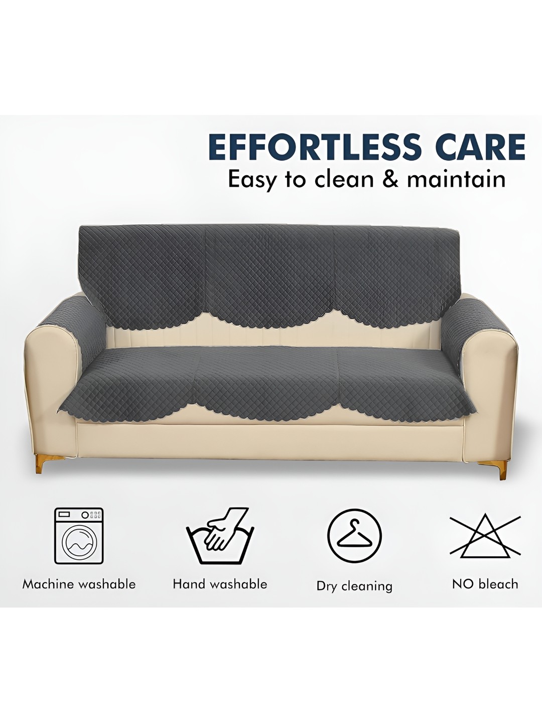 Grey 4 Pieces Quilted Velvet 3 Seater Sofa Cover With Arms