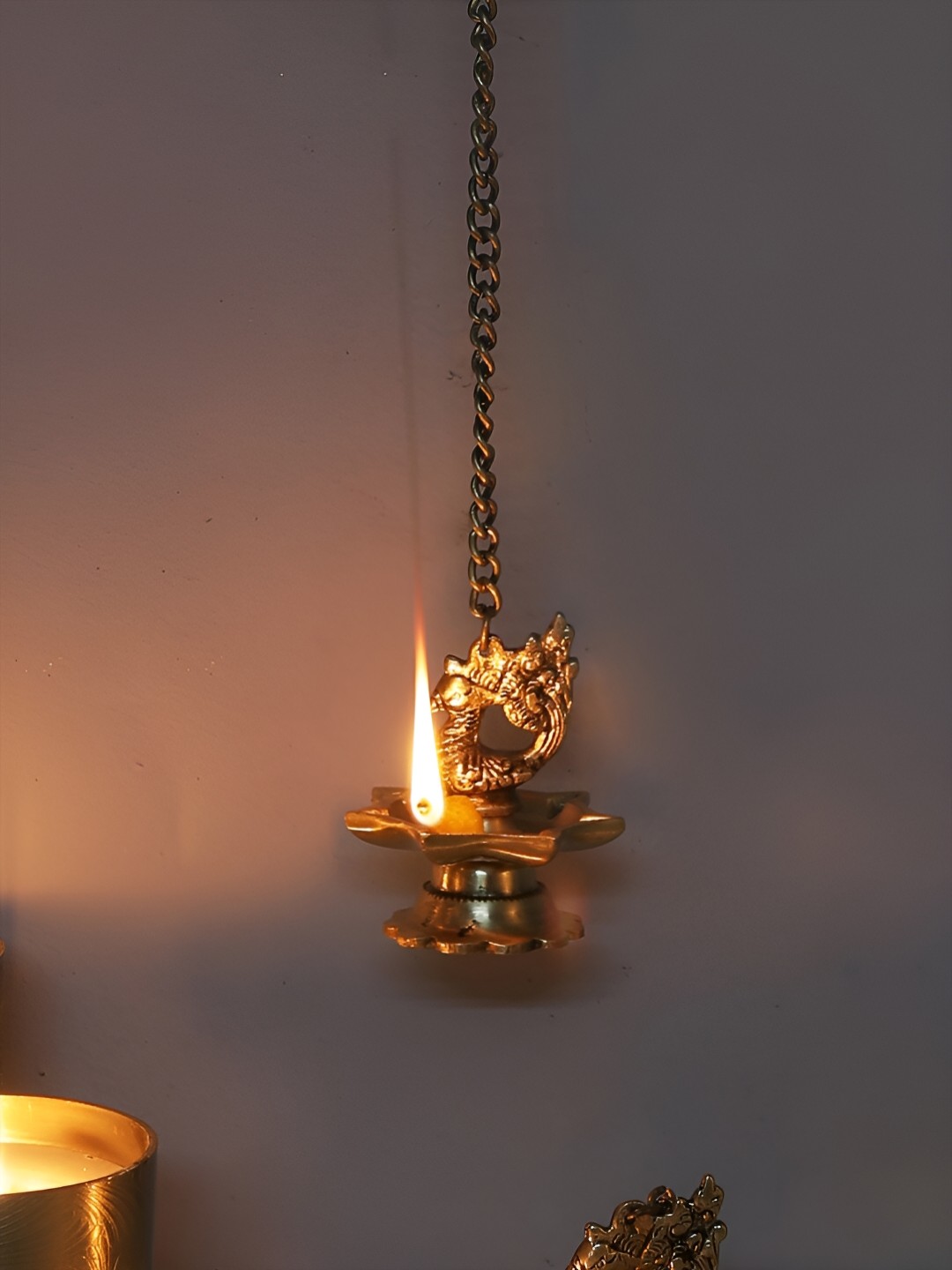 Brass Peacock Carved Hanging Diya Set