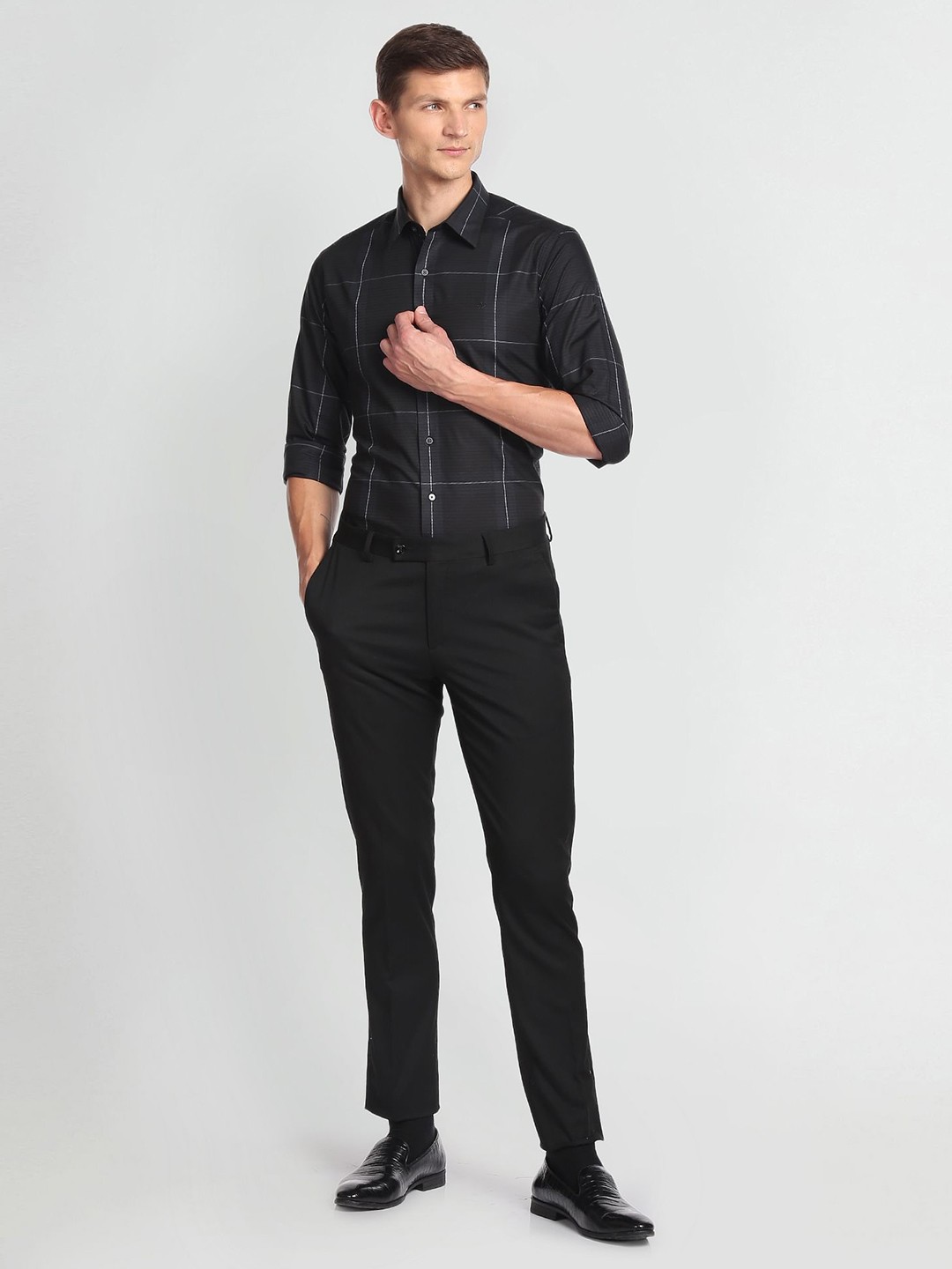 Slim Fit Windowpane Checks Pure Cotton Formal Shirt