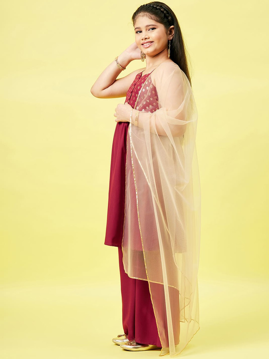 Girls Maroon Floral Print Yoke Design Polyester Kurta with Palazzos & Dupatta