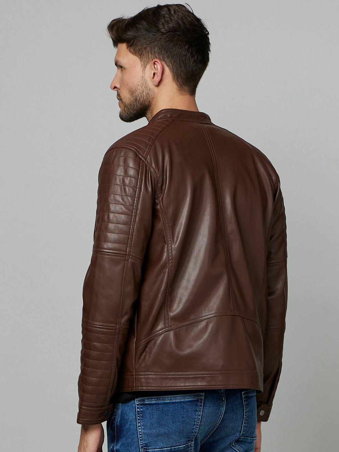 Stand Collar Leather Biker Jacket
