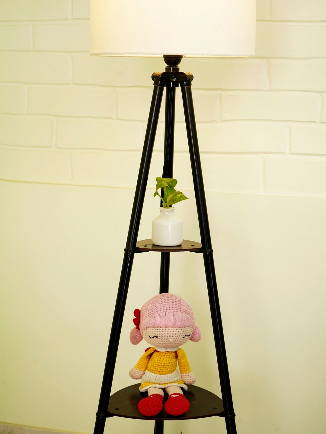 White & Brown Metal Cylinder Shaped Floor Lamp With Shelves