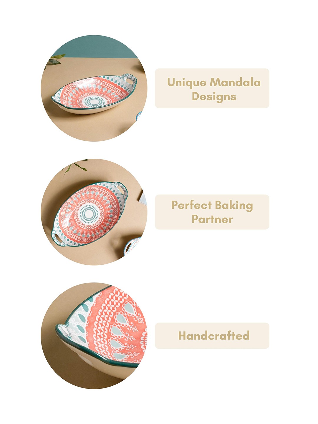 Orange & Green 2Pcs Mandala Printed Ceramic Bakeware With Handle