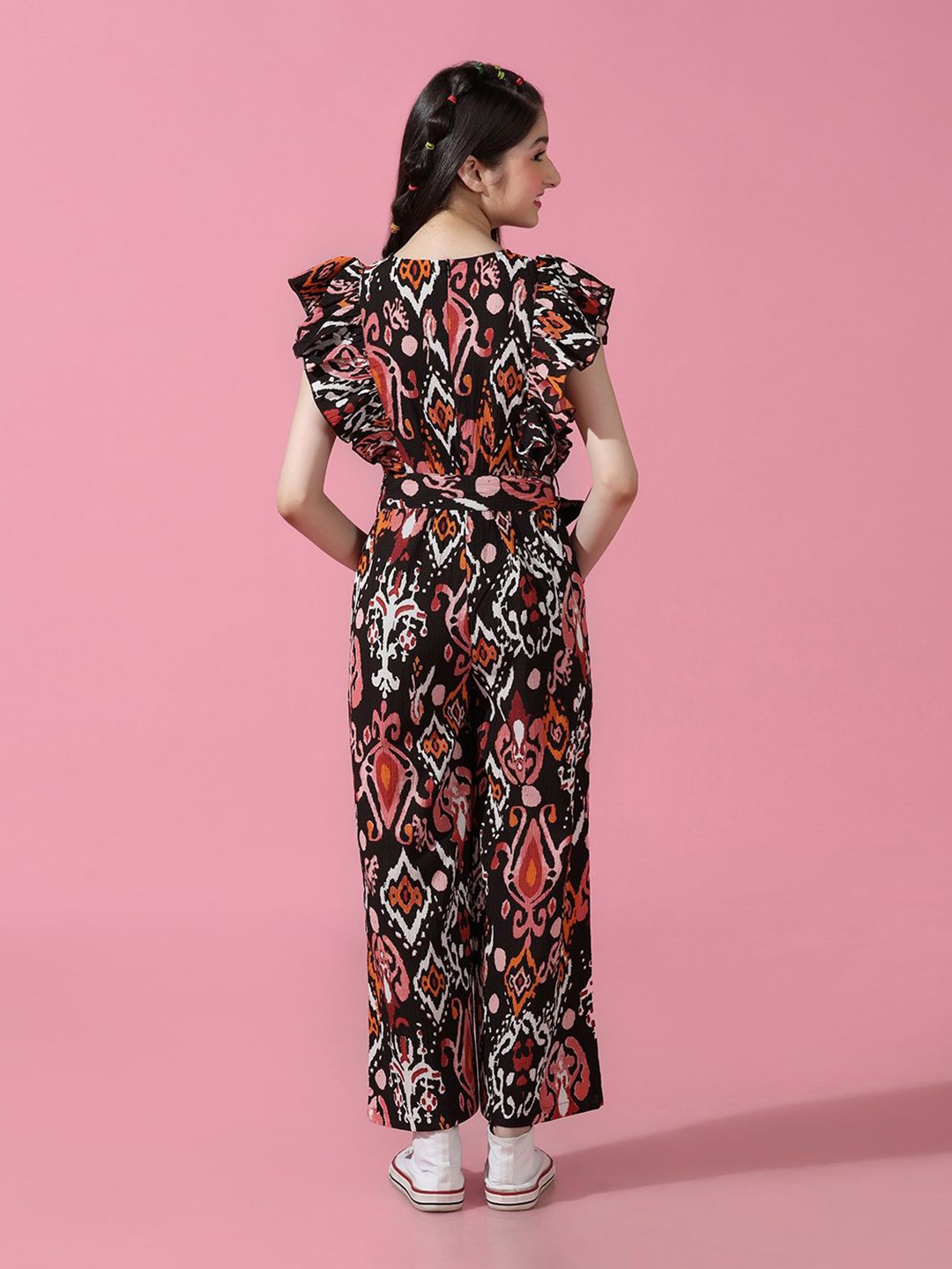 Girls Printed Ruffled Sleeve Tie-Up Waist Basic Jumpsuit