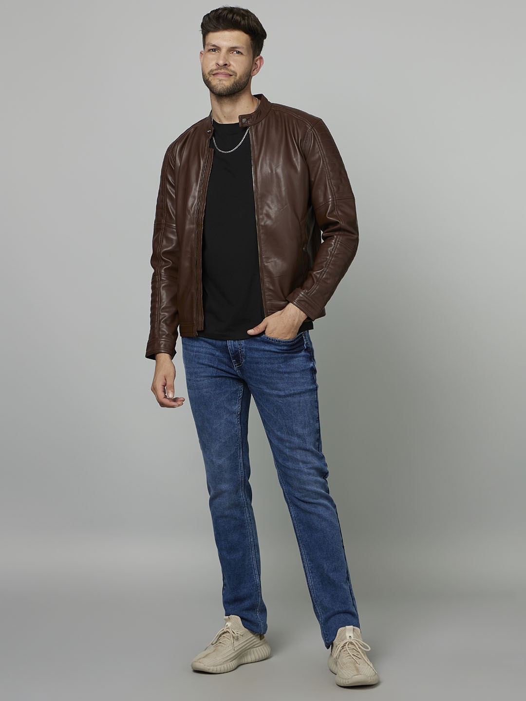 Stand Collar Leather Biker Jacket