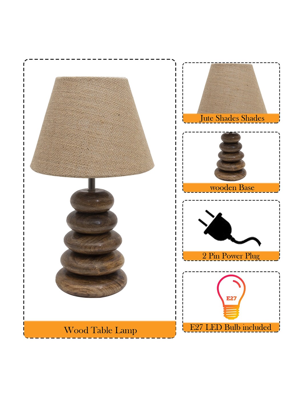 Brown Self-Design Table Lamp With Brown Jute Shade LED Bulb Included