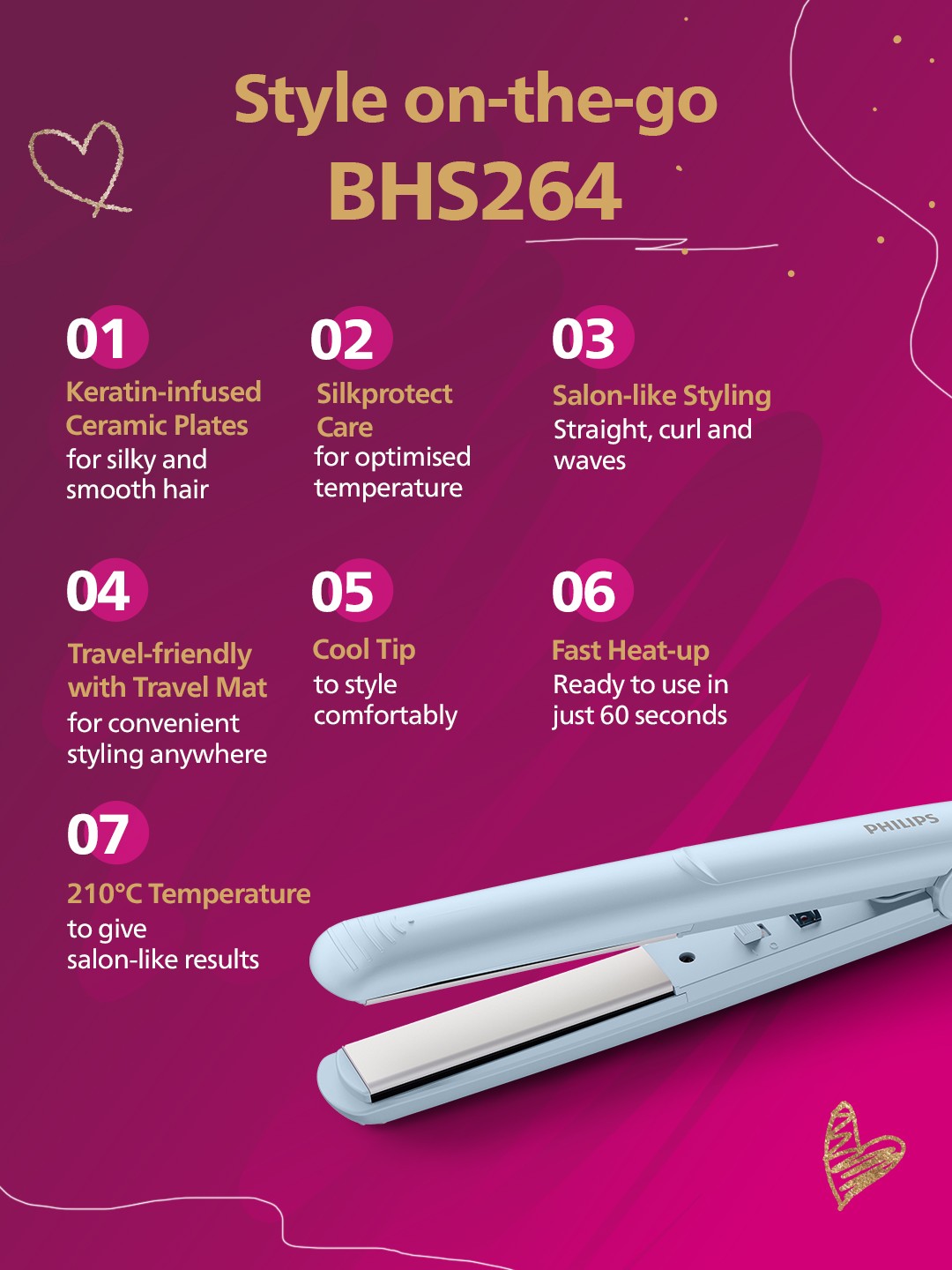 BHS264/00 SilkProtect On The Go Hair Straightener with KeraShine - Light Blue