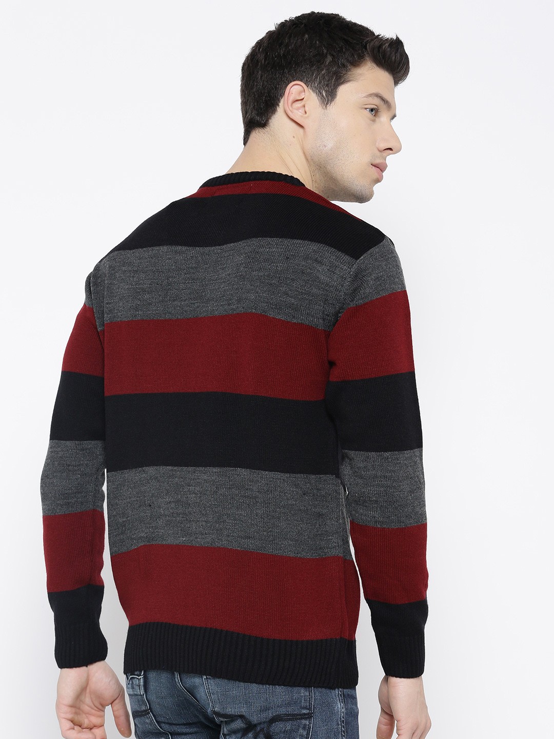 Men Maroon & Grey Melange Striped Pullover