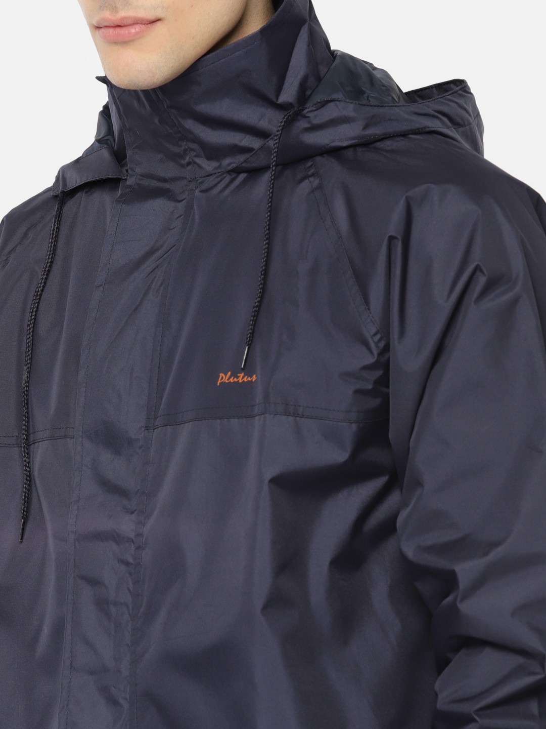Men Navy Solid Hooded Longline Waterproof Rain Jacket