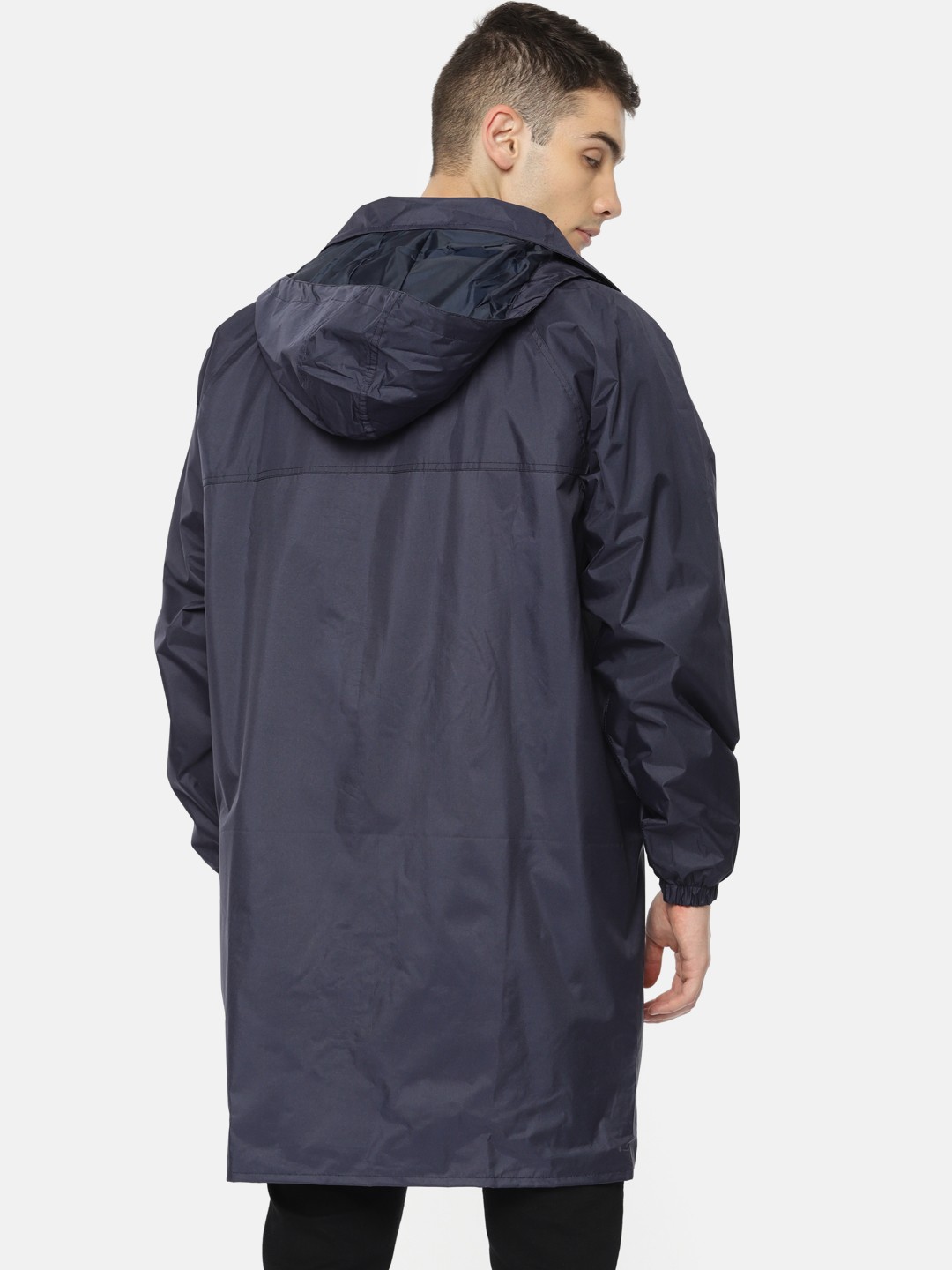 Men Navy Solid Hooded Longline Waterproof Rain Jacket
