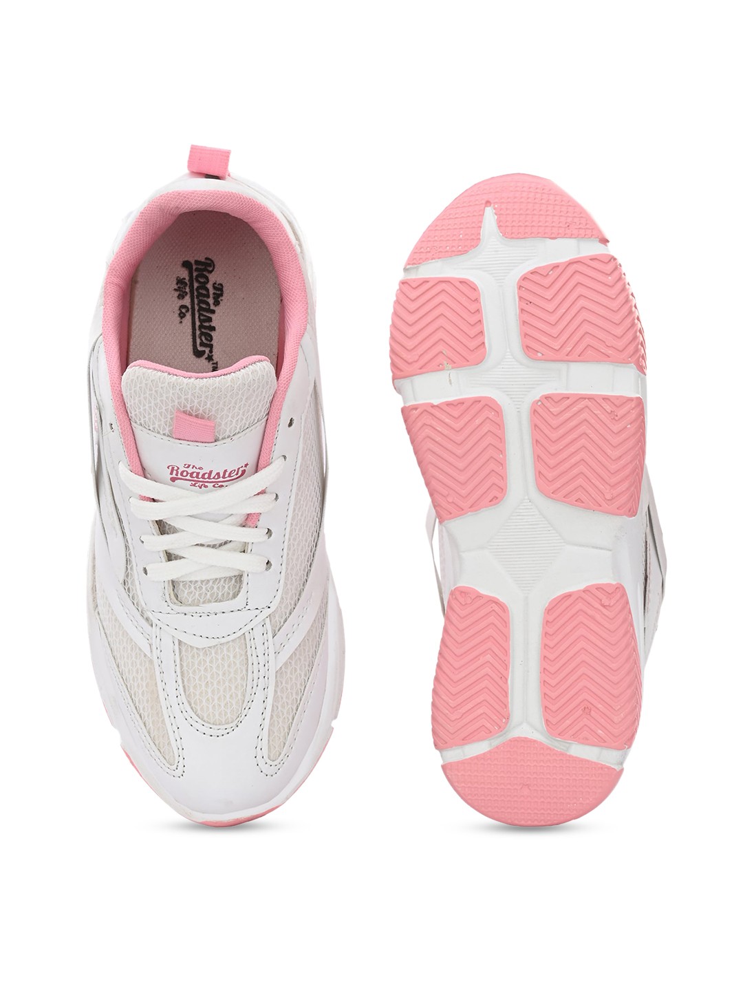 The Lifestyle Co. Women White & Pink Woven Design Comfort Insole Mesh Sneakers